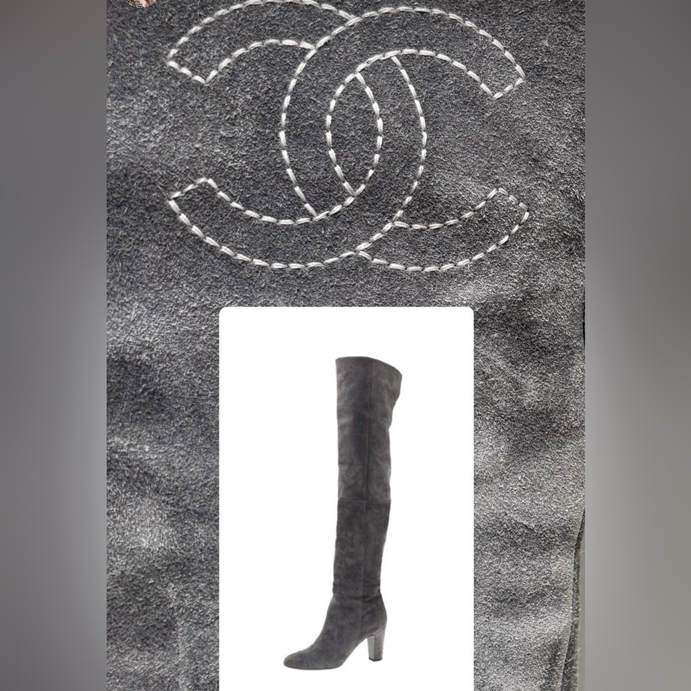 CHANEL by Karl Lagerfeld grey suede over knee cap toe heeled boots 39.5